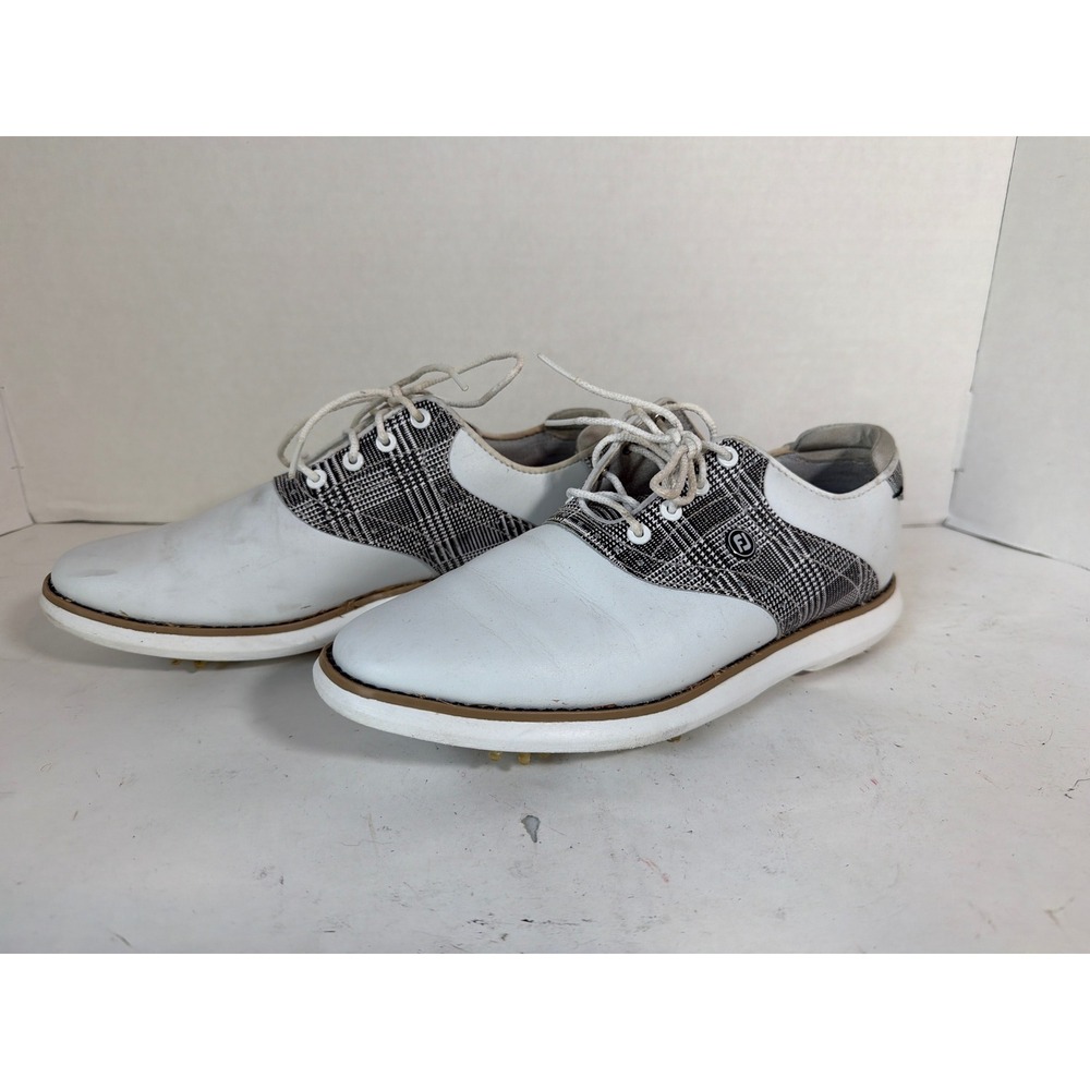 FootJoy Mens 97904 White Plaid Saddle Spiked Golf Shoes Size 7.5 M